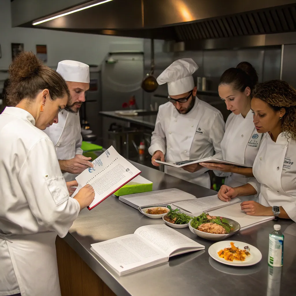 Participants discussing recipes in a professional kitchen setting
